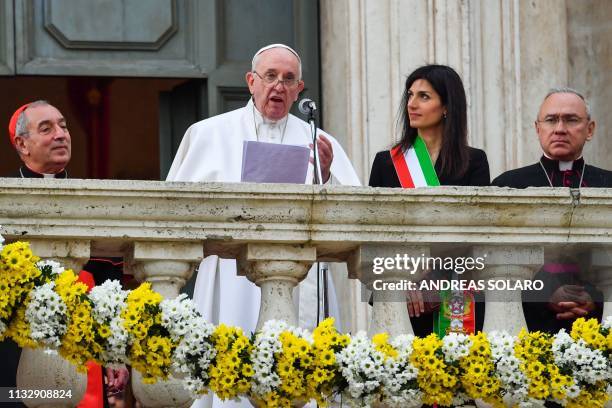 Pope Francis delivers an address from Rome's City Hall during a visit to Rome mayor Virginia Raggi on Capitoline Hill on March 26 as Vicar General of...