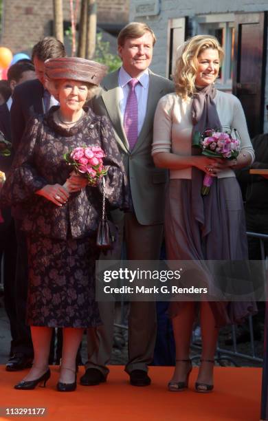 Queen Beatix of The Netherlands and Prince Willem Alexander of The Netherlands, and Princess Maxima of The Netherlands celebrate Queens Day on April...