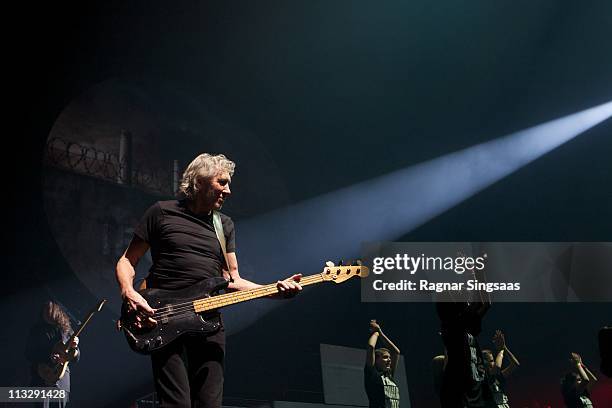 Roger Waters performs during The Wall Live tour concert at Telenor Arena on April 30, 2011 in Oslo, Norway.