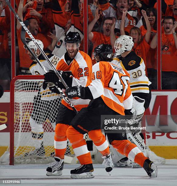 Ville Leino and Danny Briere of the Philadelphia Flyers celebrate Briere's first period goal against the Boston Bruins in Game One of the Eastern...