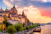 Stockholm, Sweden. Scenic summer sunset view with colorful sky of the Old Town architecture in Sodermalm district.