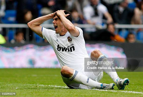 Kaka of Real Madrid reacts during the La Liga match between Real Madrid and Real Zaragoza at Estadio Santiago Bernabeu on April 30, 2011 in Madrid,...