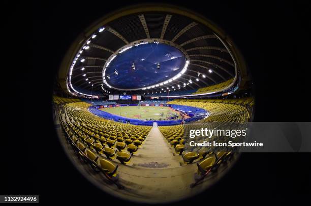 General fisheye view of the Montreal Olympic Stadium during the Blue Jays batting practice before the Milwaukee Brewers versus the Toronto Blue Jays...
