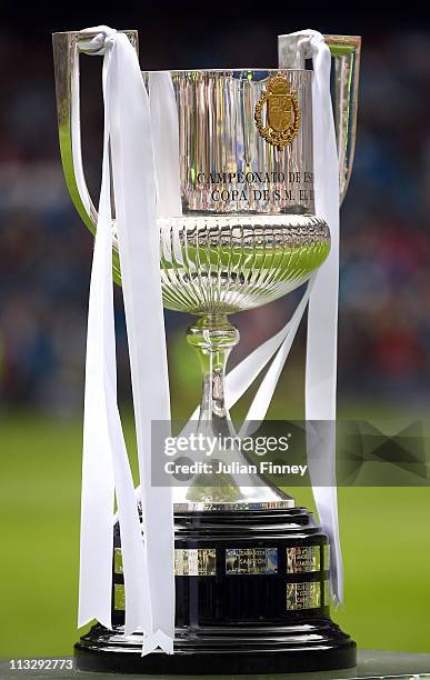 The Copa del Rey trophy is seen before the La Liga match between Real Madrid and Real Zaragoza at Estadio Santiago Bernabeu on April 30, 2011 in...