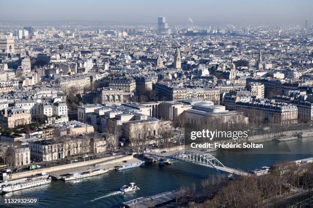 View from the Eiffel Tower, on the banks of the Seine, listed as a UNESCO World Heritage Site in Paris on February 25, 2019 in Paris, France.