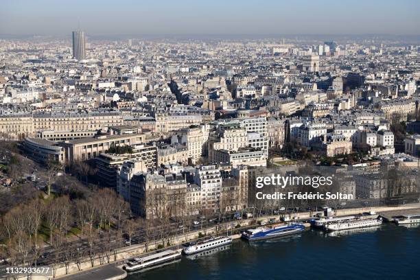 View from the Eiffel Tower, on the banks of the Seine, listed as a UNESCO World Heritage Site in Paris on February 25, 2019 in Paris, France.