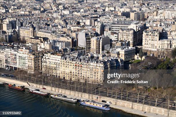 View from the Eiffel Tower, on the banks of the Seine, listed as a UNESCO World Heritage Site in Paris on February 25, 2019 in Paris, France.