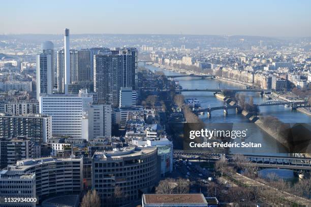 View from the Eiffel Tower of Beaugrenelle district in the banks of the Seine, listed as a UNESCO World Heritage Site in Paris on February 25, 2019...