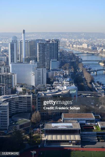 View from the Eiffel Tower of Beaugrenelle district in the banks of the Seine, listed as a UNESCO World Heritage Site in Paris on February 25, 2019...