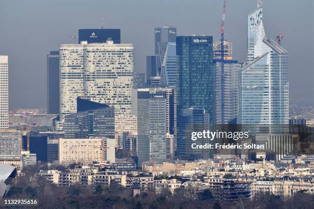 Aerial view of Paris and La Défense area, a major business district of the Paris Metropolitan Area and of the Île-de-France region on the banks of...