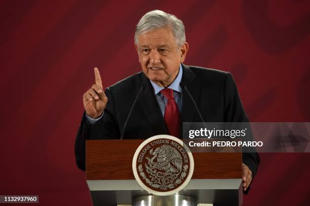 Mexican President Andres Manuel Lopez Obrador speaks during his daily morning press conference at the National Palace in Mexico City on March 26,...
