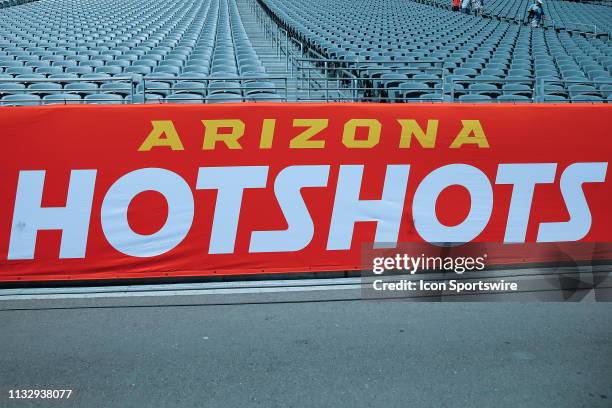 The Arizona Hotshots name on a banner during the AAF football game between the San Diego Fleet and the Arizona Hotshots on March 24, 2019 at Sun...