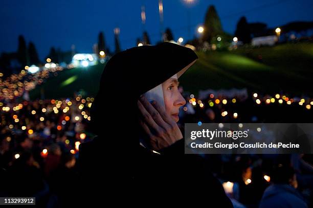 Nun attends the wake of prayer for Pope John Paul II beatification at Circo Massimo on April 30, 2011 in Rome, Italy. Pope John Paul II will be...