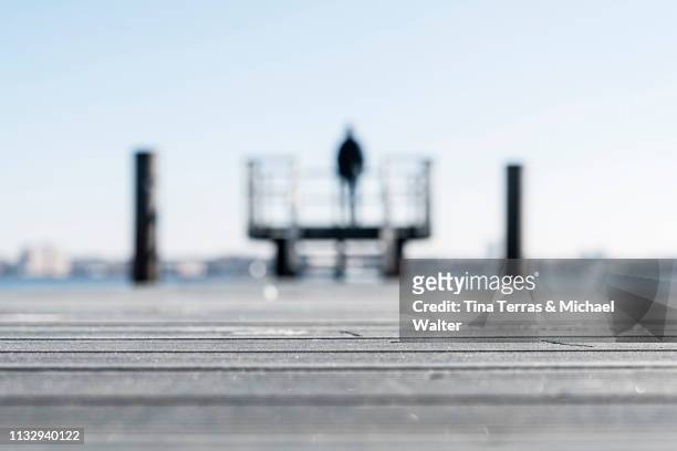 rear view of man standing on a pier at the coast in kiel (germany) - lässige kleidung foto e immagini stock