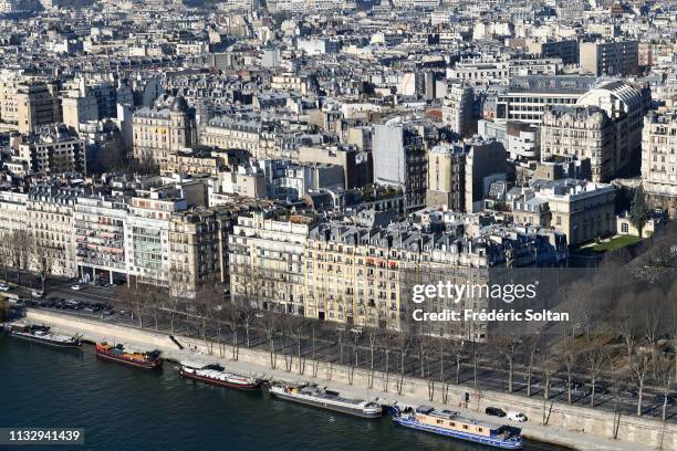 View from the Eiffel Tower, on the banks of the Seine, listed as a UNESCO World Heritage Site in Paris on February 25, 2019 in Paris, France.