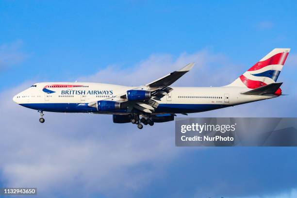 British Airways Boeing 747 landing at its home base London Heathrow Airport, England. The aircraft type is a Jumbo Jet known as Queen of the skies...