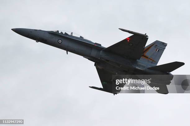 Fighter Jet the F/A- 18A Hornet flies across at Avalon Airport on March 01, 2019 in Melbourne, Australia. The 2019 Australian International Airshow...