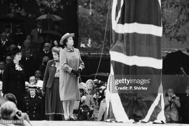 Queen Elizabeth II and Prime Minister of the United Kingdom Margaret Thatcher attend the official ceremony to unveil bronze statue of Admiral of the...