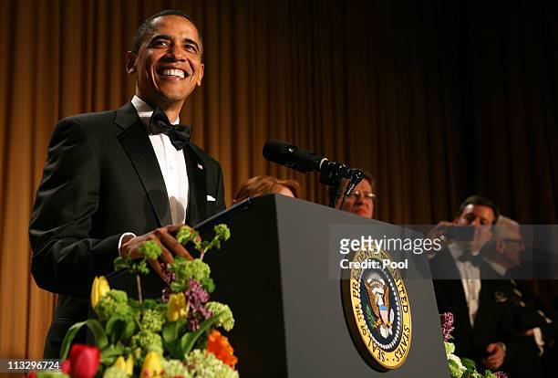 President Barack Obama speaks at the annual White House Correspondent's Association Gala at the Washington Hilton hotel April 30, 2011 in Washington,...