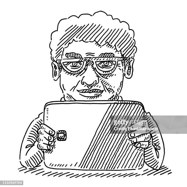 senior lady holding tablet computer drawing - grandmother portrait stock illustrations