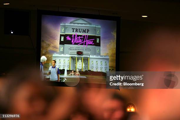 Projected image is shown on a large screen during U.S. President Barack Obama's speech at the annual White House Correspondents' Association dinner...