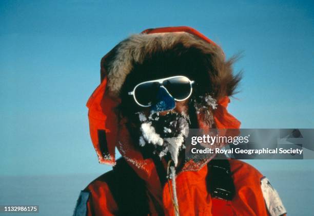 Ranulph Fiennes in full cold weather outfit during his unsupported expedition to the Antarctic, circa 1992.