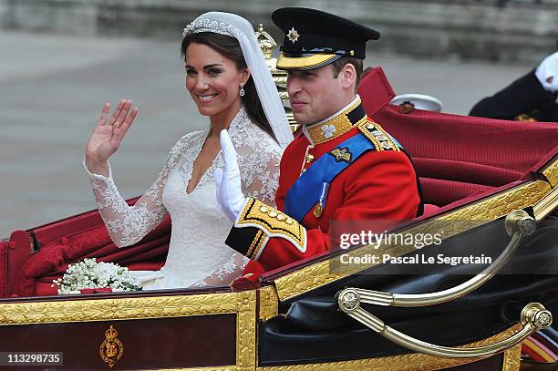 Their Royal Highnesses Prince William, Duke of Cambridge and Catherine, Duchess of Cambridge journey by carriage procession to Buckingham Palace...