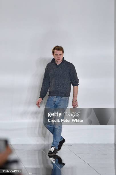 Fashion designer Jonathan Anderson aka JW Anderson walks the runway at the end of Loewe show as part of the Paris Fashion Week Womenswear Fall/Winter...