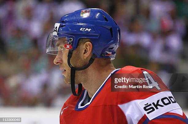 Karel Rachunek of Czech Republic looks on during the IIHF World Championship group D match between Czech Republic and Latvia at Orange Arena on April...
