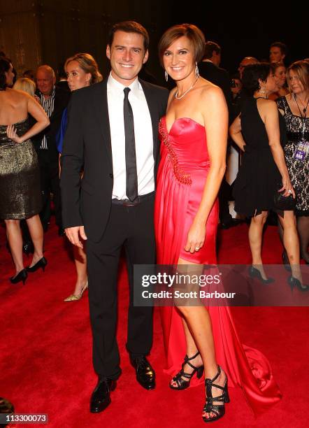 Personality Karl Stefanovic and his wife Cassandra Thorburn arrive on the red carpet ahead of the 2011 Logie Awards at Crown Palladium on May 1, 2011...