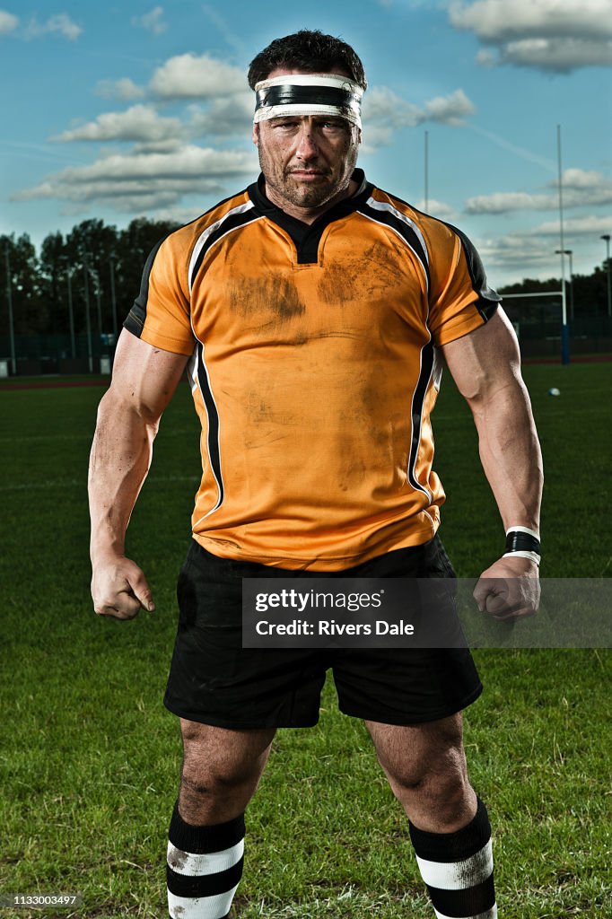 Rugby player on pitch, portrait