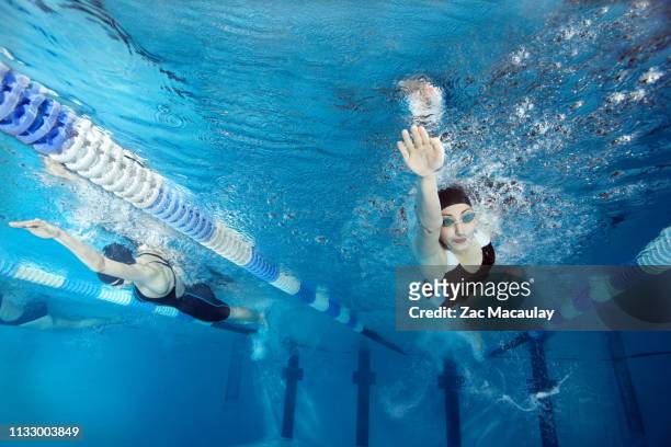 swimmers racing in pool - swimming stock-fotos und bilder