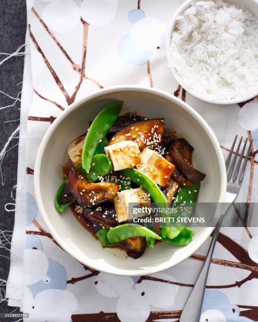 Bowl of Japanese eggplant with tofu