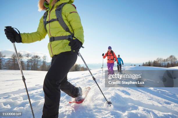 three mid adult friends snowshoeing in dolomites, eisack valley, south tyrol, italy - schneeschuhwandern stock-fotos und bilder
