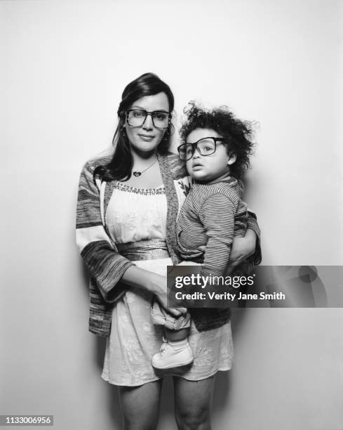 mother and baby son wearing big glasses - baby studio bildbanksfoton och bilder