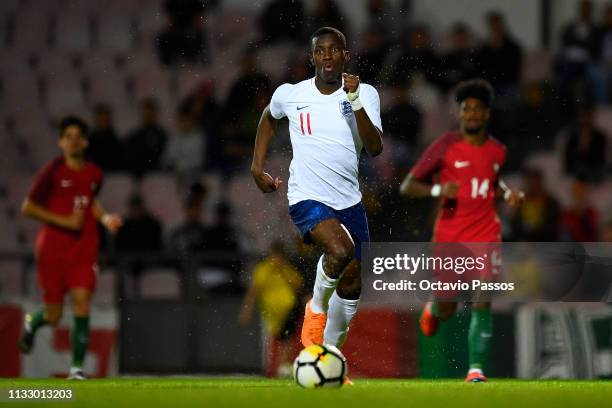 Eddie Nketiah of England runs after the ball during the International Friendly match between Portugal U20 and England U20 at Stadium Municipal 25...