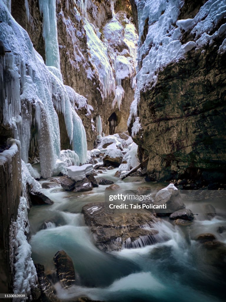 Beautiful natural winter park Partnachklamm in the south of Germany- an ice wonderland in the south of Bavaria in Garmisch