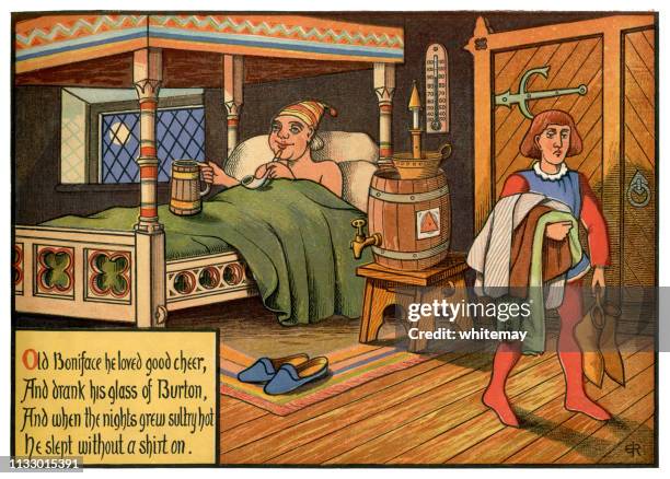 'old boniface he loved good cheer' - victorian nursery rhyme illustration - four poster bed stock illustrations