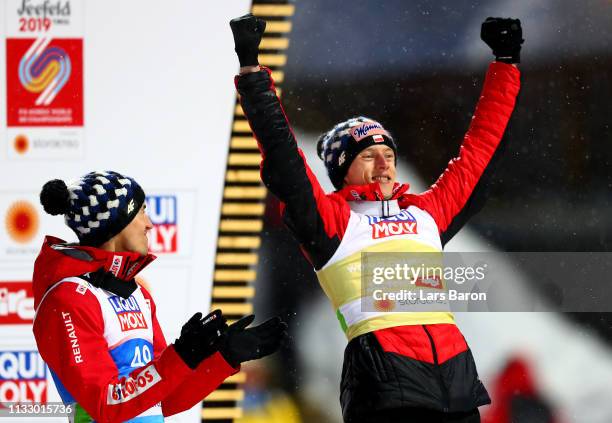 Dawid Kubacki of Poland celebrates after he wins the gold medal in the ski jumping Men's HS109 final round during the 2019 FIS World Ski...