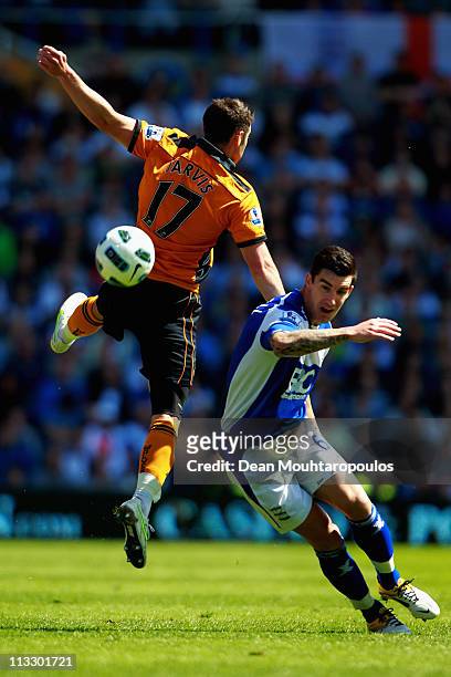 Liam Ridgewell of Birmingham and Matt Jarvis of Wolves battle for the ball during the Barclays Premier League match between Birmingham City and...
