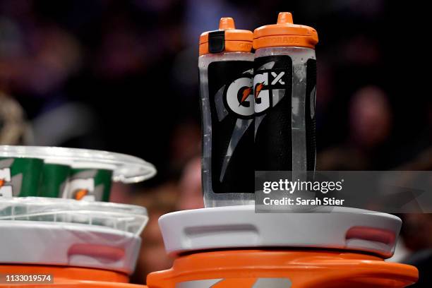Detail of Gatorade water bottles during the game between the New York Knicks and the Cleveland Cavaliers at Madison Square Garden on February 28,...