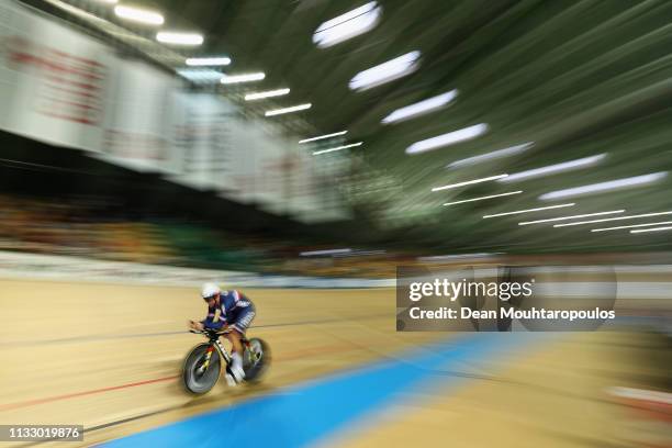 Michael D'Almeida of France competes in the Men's 1Km Time Trial race on day three of the UCI Track Cycling World Championships held in the BGZ BNP...