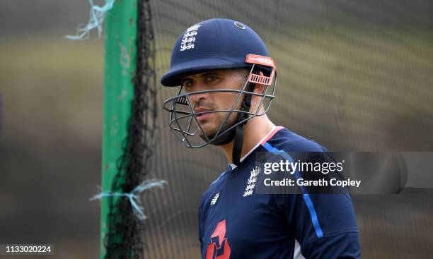 Alex Hales of England waits to bat during a nets session at the Darren Sammy Cricket Stadium on March 01, 2019 in Gros Islet, Saint Lucia.