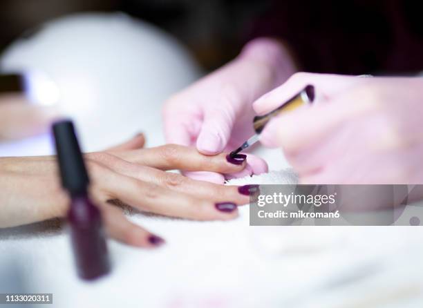 nail technician painting client nails with dark red colour - gel effect stock pictures, royalty-free photos & images