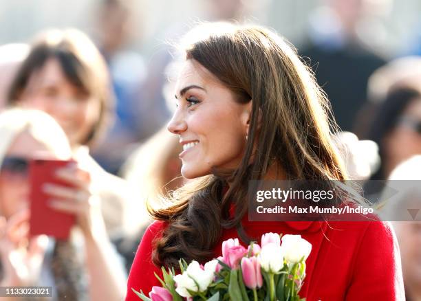 Catherine, Duchess of Cambridge arrives for a visit to Windsor Park Stadium, home of the Irish Football Association on February 27, 2019 in Belfast,...