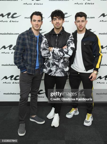 Kevin Jonas, Joe Jonas, Nick Jonas of The Jonas Brothers Visit Music Choice on March 01, 2019 in New York City.