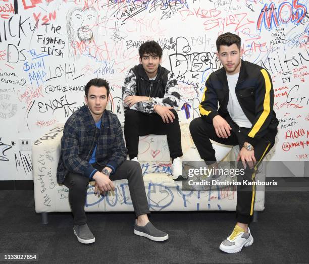 Kevin Jonas, Joe Jonas, Nick Jonas of The Jonas Brothers Visit Music Choice on March 01, 2019 in New York City.