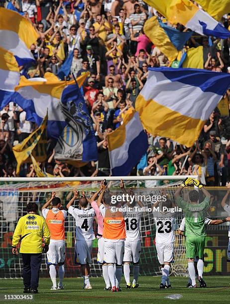 Players of Parma greet supporters after winning the Serie A match between Parma FC and US Citta di Palermo at Stadio Ennio Tardini on May 1, 2011 in...