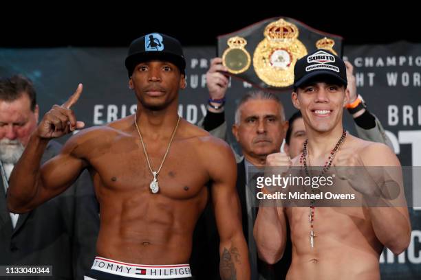 Erislandy Lara, left, and Brian Castano poses for the media after their weigh-ins at Barclays Center on March 01, 2019 in the Brooklyn borough of New...