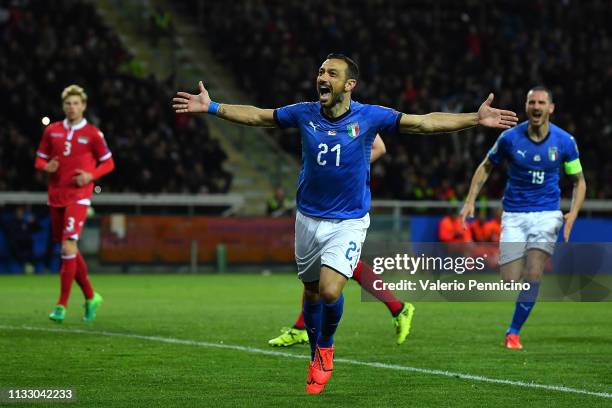Fabio Quagliarella of Italy celebrates his goal of 3-0 during the 2020 UEFA European Championships group J qualifying match between Italy and...